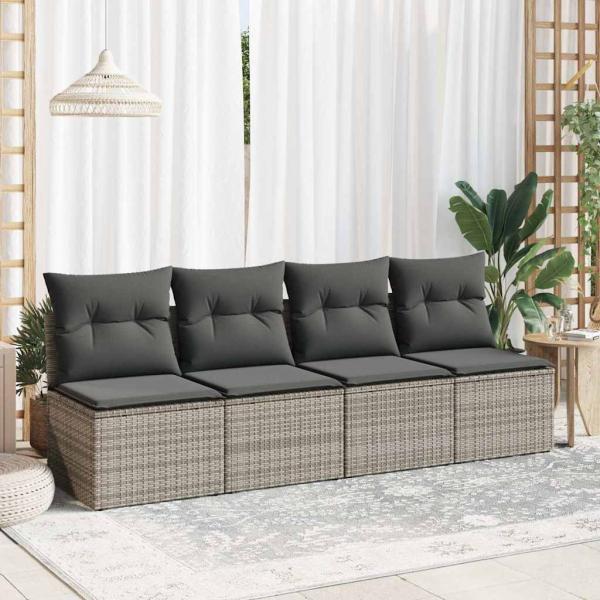 4-tlg. Garten-Sofagarnitur mit Kissen Grau Poly Rattan Akazie