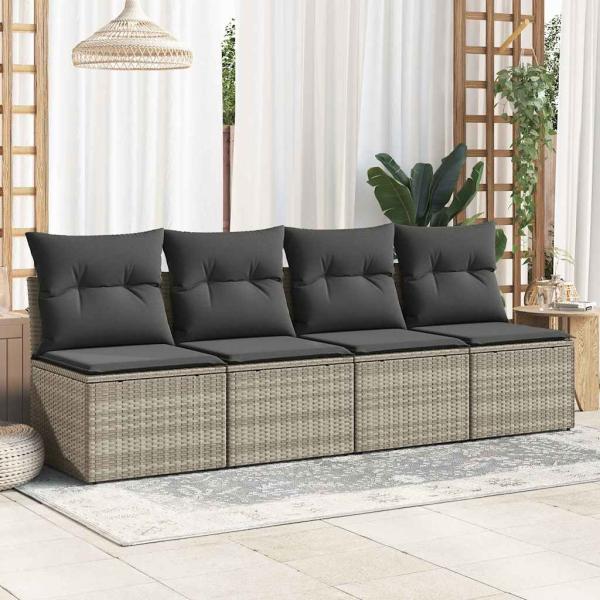 4-tlg. Garten-Sofagarnitur mit Kissen Hellgrau Poly Rattan
