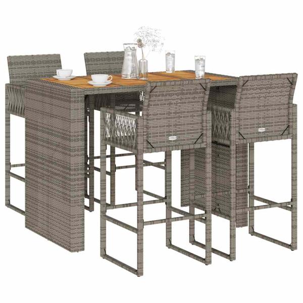 ARDEBO.de - 5-tlg. Gartenbar-Set ohne Kissen Grau Poly Rattan Akazie