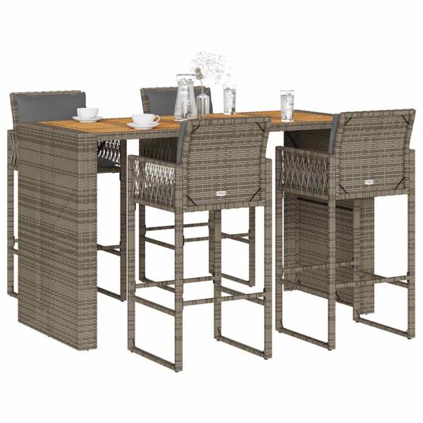 ARDEBO.de - 5-tlg. Gartenbar-Set mit Kissen Grau Poly Rattan Akazie