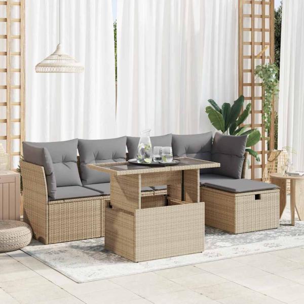 ARDEBO.de - 6-tlg. Garten-Sofagarnitur mit Kissen Beige Poly Rattan