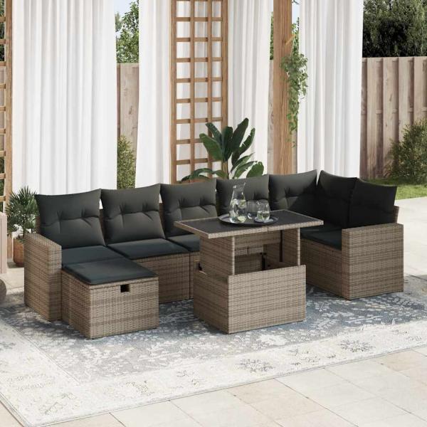 ARDEBO.de - 8-tlg. Garten-Sofagarnitur mit Kissen Grau Poly Rattan