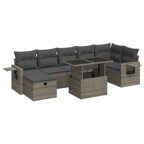 8-tlg. Garten-Sofagarnitur mit Kissen Grau Poly Rattan