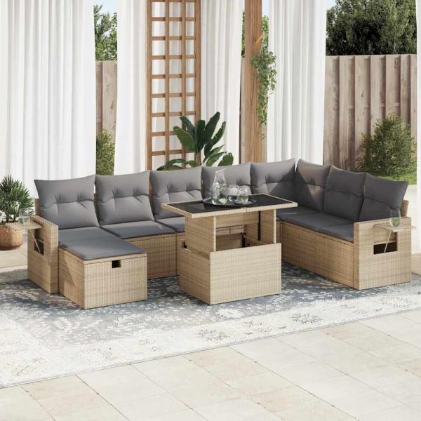 ARDEBO.de - 9-tlg. Garten-Sofagarnitur mit Kissen Beige Poly Rattan