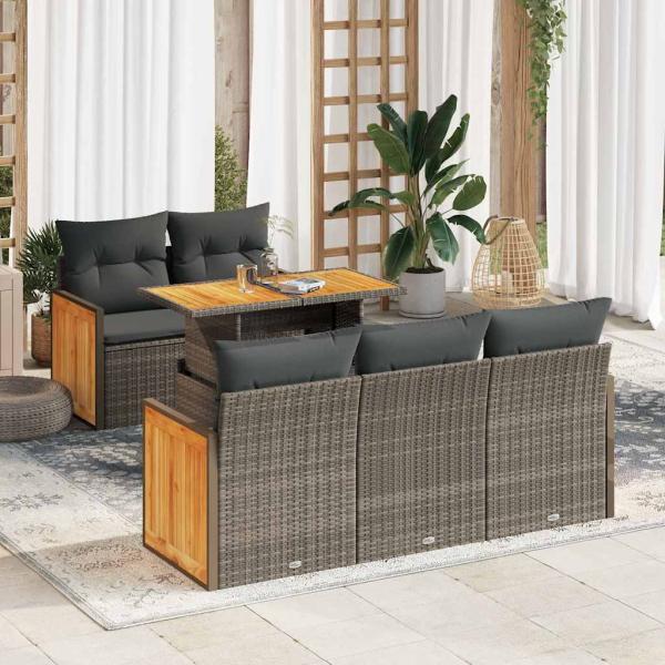 ARDEBO.de - 6-tlg. Garten-Sofagarnitur mit Kissen Grau Poly Rattan Akazie