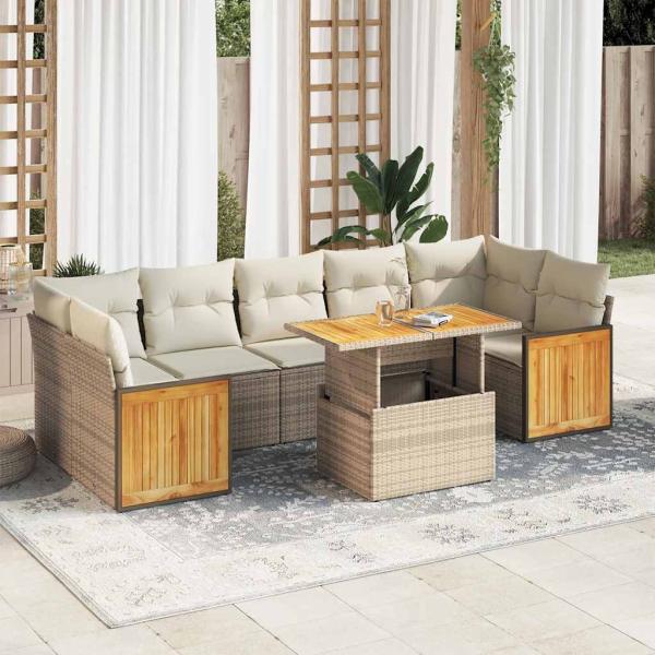 ARDEBO.de - 8-tlg. Garten-Sofagarnitur mit Kissen Beige Poly Rattan Akazie