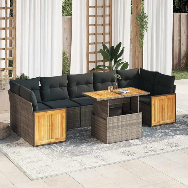 ARDEBO.de - 8-tlg. Garten-Sofagarnitur mit Kissen Grau Poly Rattan Akazie