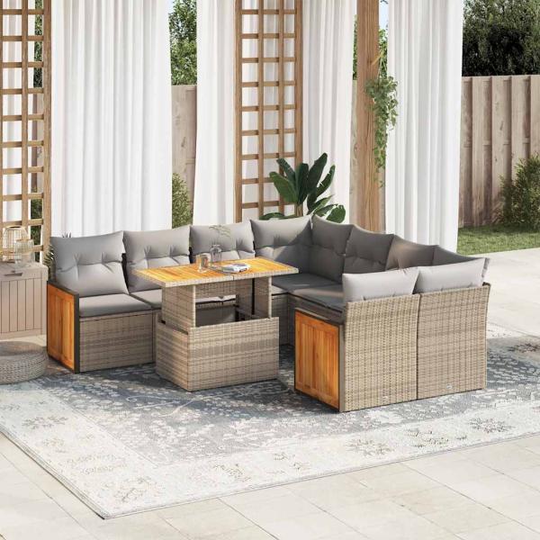 ARDEBO.de - 9-tlg. Garten-Sofagarnitur mit Kissen Beige Poly Rattan Akazie