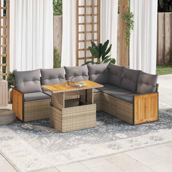 ARDEBO.de - 7-tlg. Garten-Sofagarnitur mit Kissen Beige Poly Rattan Akazie