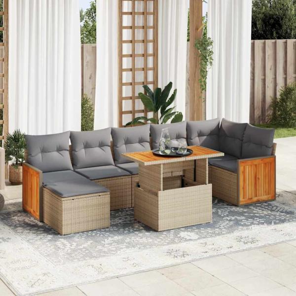 ARDEBO.de - 7-tlg. Garten-Sofagarnitur mit Kissen Beige Poly Rattan Akazie