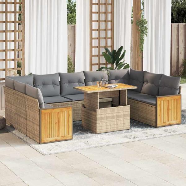 ARDEBO.de - 10-tlg. Garten-Sofagarnitur mit Kissen Beige Poly Rattan Akazie