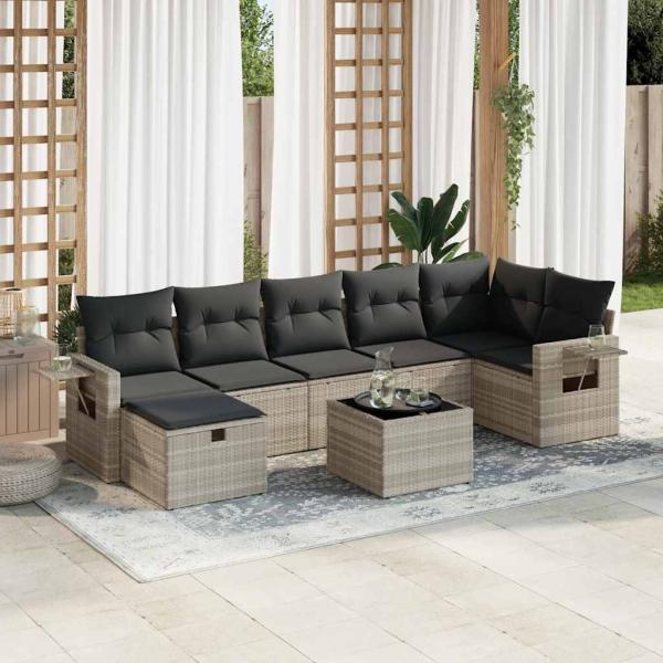 ARDEBO.de - 8-tlg. Garten-Sofagarnitur mit Kissen Hellgrau Poly Rattan