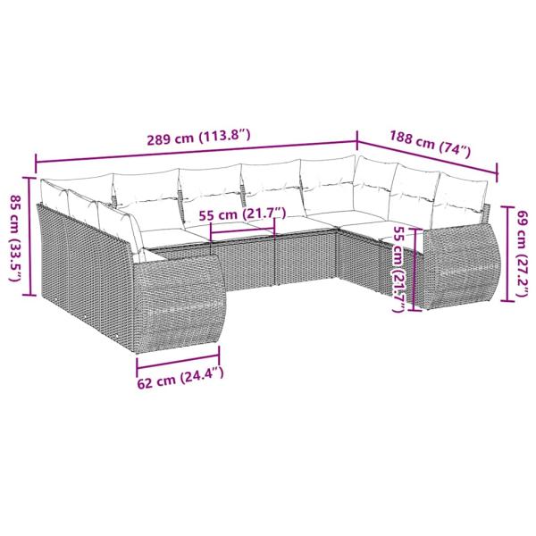 9-tlg. Garten-Sofagarnitur mit Kissen Hellgrau Poly Rattan