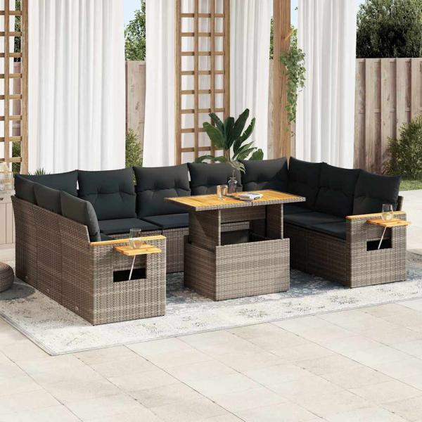ARDEBO.de - 10-tlg. Garten-Sofagarnitur mit Kissen Grau Poly Rattan Akazie