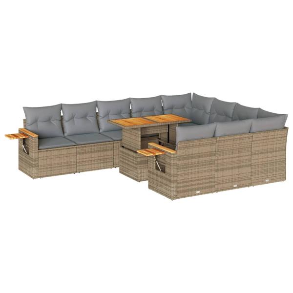 10-tlg. Garten-Sofagarnitur mit Kissen Beige Poly Rattan Akazie