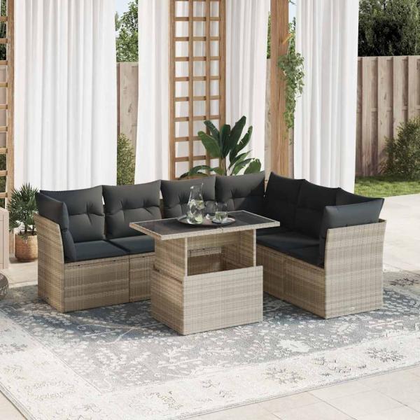 ARDEBO.de - 7-tlg. Garten-Sofagarnitur mit Kissen Hellgrau Poly Rattan