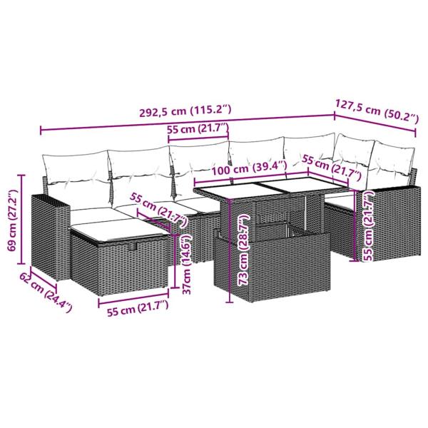 8-tlg. Garten-Sofagarnitur mit Kissen Beige Poly Rattan