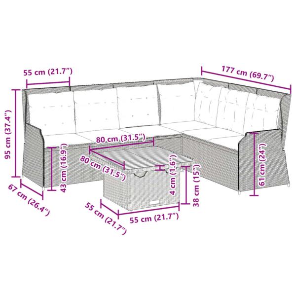 5-tlg. Garten-Lounge-Set mit Kissen Grau Poly Rattan