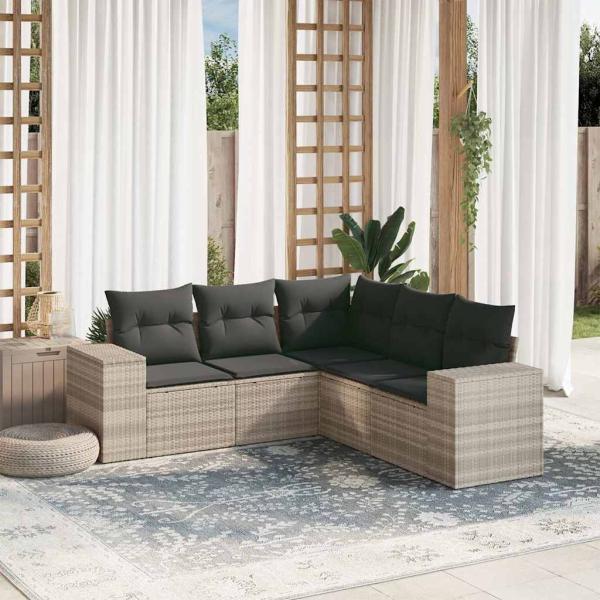 ARDEBO.de - 5-tlg. Garten-Sofagarnitur mit Kissen Hellgrau Poly Rattan