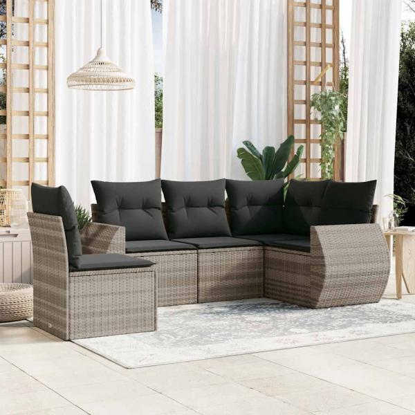 ARDEBO.de - 5-tlg. Garten-Sofagarnitur mit Kissen Hellgrau Poly Rattan