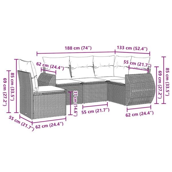 5-tlg. Garten-Sofagarnitur mit Kissen Hellgrau Poly Rattan