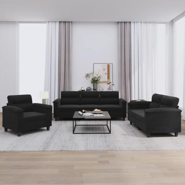 ARDEBO.de - 3-tlg. Sofagarnitur mit Kissen Schwarz Mikrofasergewebe
