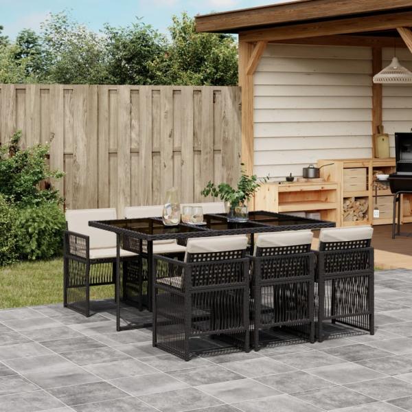 ARDEBO.de - 7-tlg. Garten-Essgruppe mit Kissen Schwarz Poly Rattan