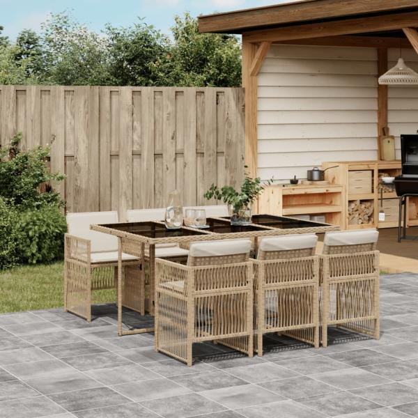 ARDEBO.de - 7-tlg. Garten-Essgruppe mit Kissen Beige Poly Rattan