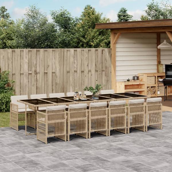ARDEBO.de - 13-tlg. Garten-Essgruppe mit Kissen Beige Poly Rattan