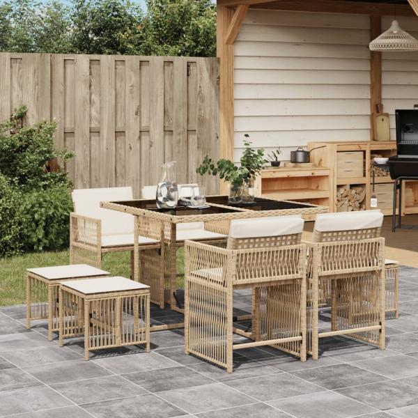 ARDEBO.de - 9-tlg. Garten-Essgruppe mit Kissen Beige Poly Rattan