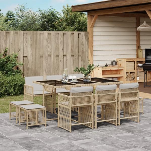 ARDEBO.de - 11-tlg. Garten-Essgruppe mit Kissen Beige Poly Rattan