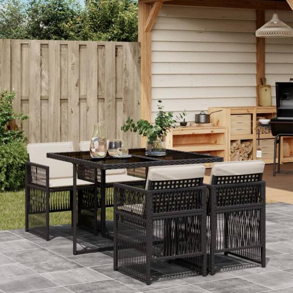 ARDEBO.de - 5-tlg. Garten-Essgruppe mit Kissen Schwarz Poly Rattan