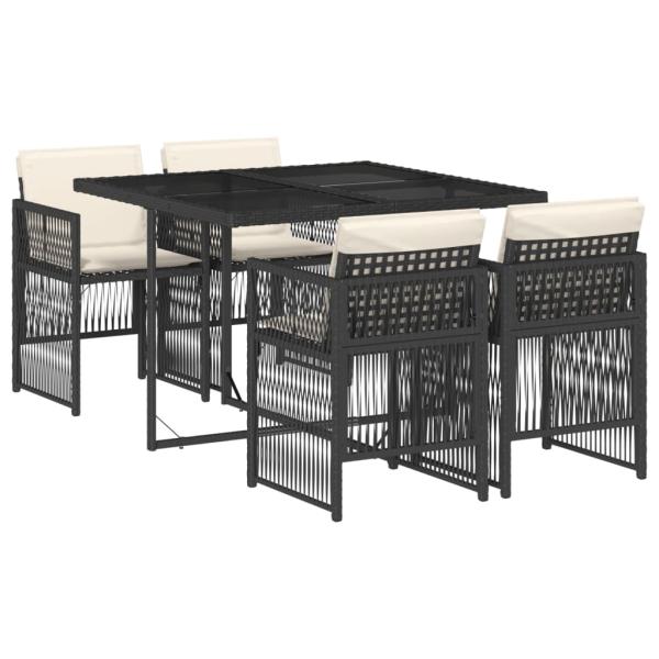 5-tlg. Garten-Essgruppe mit Kissen Schwarz Poly Rattan