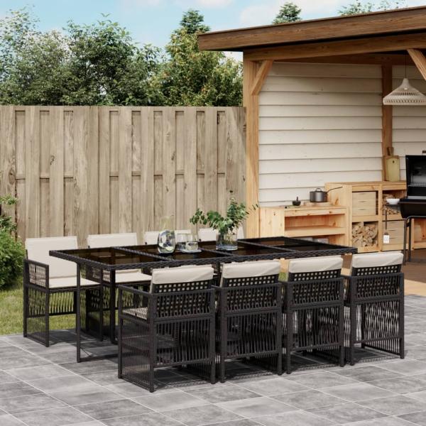 ARDEBO.de - 9-tlg. Garten-Essgruppe mit Kissen Schwarz Poly Rattan