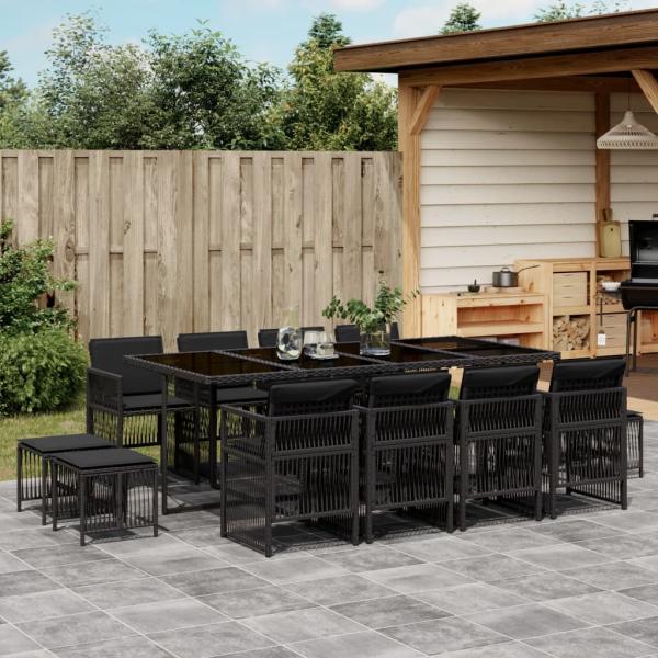 ARDEBO.de - 13-tlg. Garten-Essgruppe mit Kissen Schwarz Poly Rattan