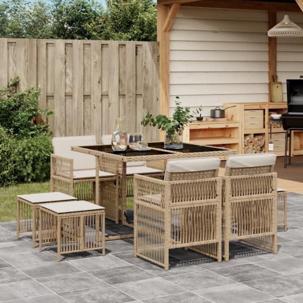 ARDEBO.de - 9-tlg. Garten-Essgruppe mit Kissen Beige Poly Rattan