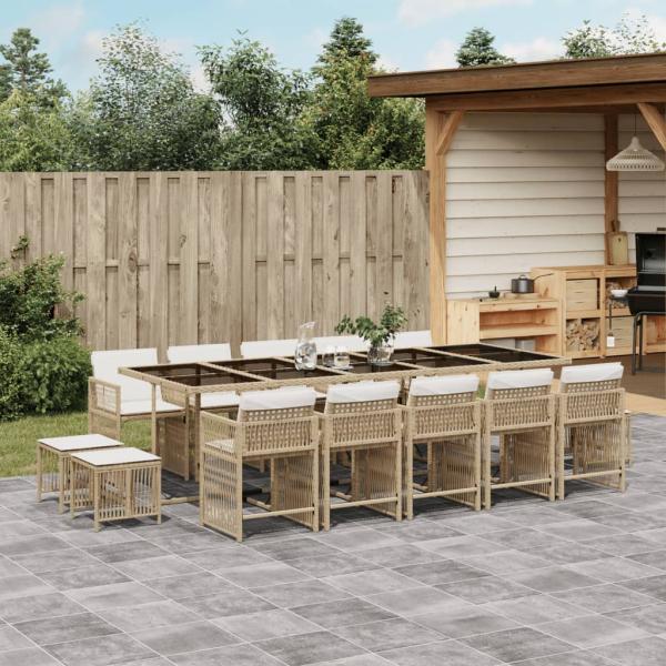 ARDEBO.de - 15-tlg. Garten-Essgruppe mit Kissen Beige Poly Rattan