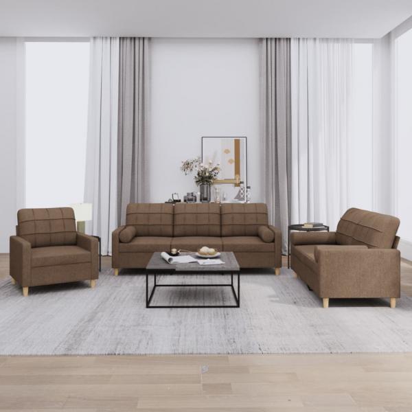ARDEBO.de - 3-tlg. Sofagarnitur mit Kissen Braun Stoff