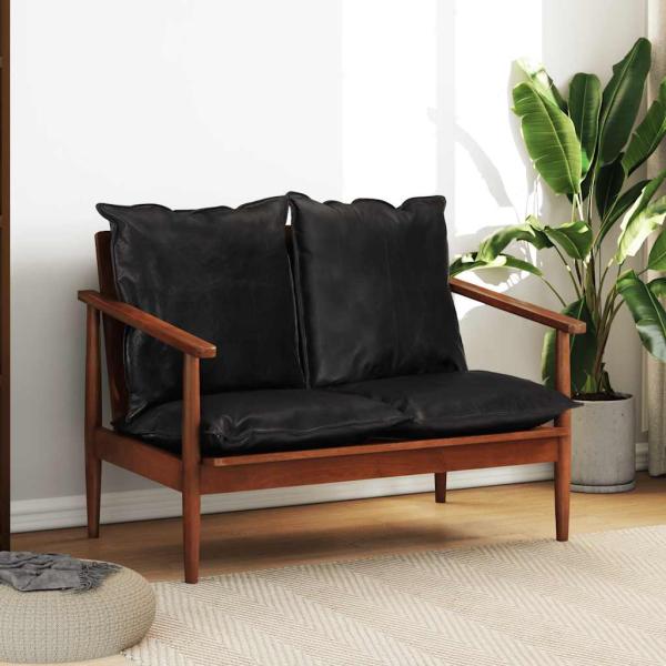 ARDEBO.de - 2-Sitzer-Sofa Schwarz Echtleder und Massivholz Akazie