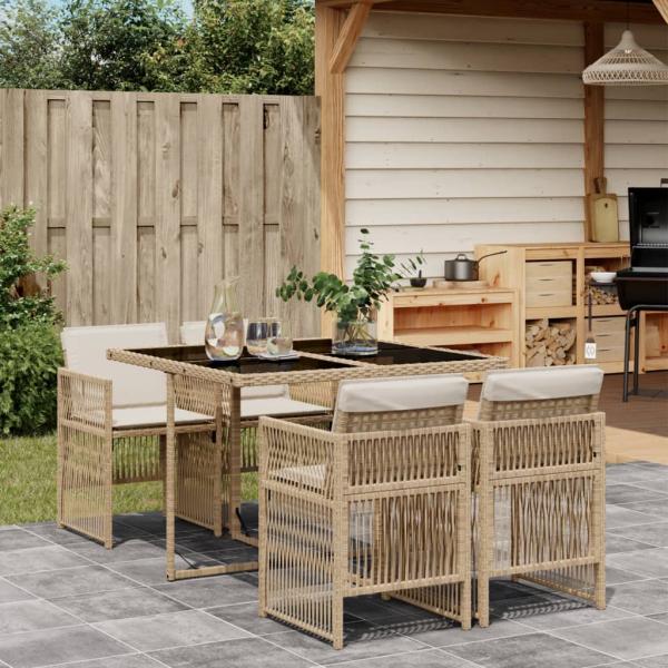 ARDEBO.de - 5-tlg. Garten-Essgruppe mit Kissen Beige Poly Rattan
