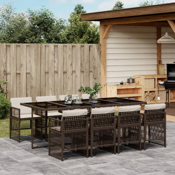 ARDEBO.de - 9-tlg. Garten-Essgruppe mit Kissen Braun Poly Rattan