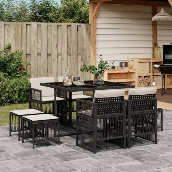 ARDEBO.de - 9-tlg. Garten-Essgruppe mit Kissen Schwarz Poly Rattan