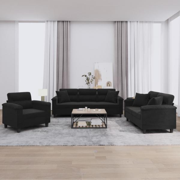 ARDEBO.de - 3-tlg. Sofagarnitur mit Kissen Schwarz Mikrofasergewebe