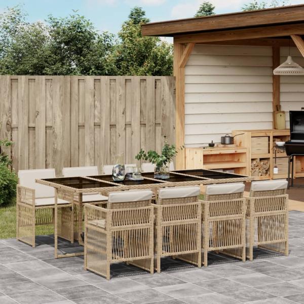 ARDEBO.de - 9-tlg. Garten-Essgruppe mit Kissen Beige Poly Rattan