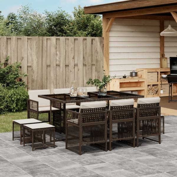 ARDEBO.de - 11-tlg. Garten-Essgruppe mit Kissen Braun Poly Rattan