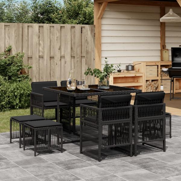 ARDEBO.de - 9-tlg. Garten-Essgruppe mit Kissen Schwarz Poly Rattan