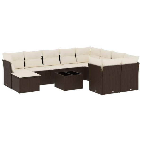 11-tlg. Garten-Sofagarnitur mit Kissen Braun Poly Rattan