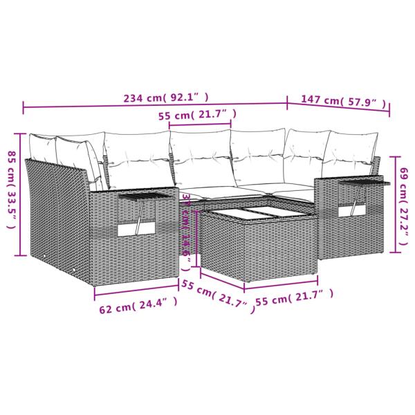 7-tlg. Garten-Sofagarnitur mit Kissen Braun Poly Rattan