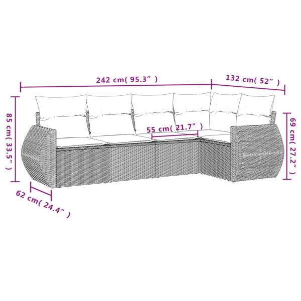 5-tlg. Garten-Sofagarnitur mit Kissen Braun Poly Rattan