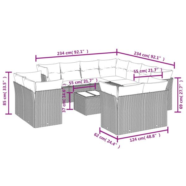 12-tlg. Garten-Sofagarnitur mit Kissen Braun Poly Rattan